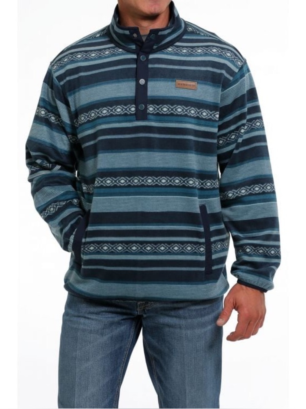 CINCH Men’s Teal & Gray Striped Fleece Pullover Jacket Button Collar XS